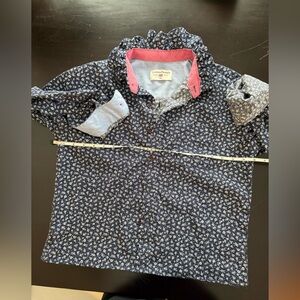 Upcycled one of a kind dress shirt with ruffle collar